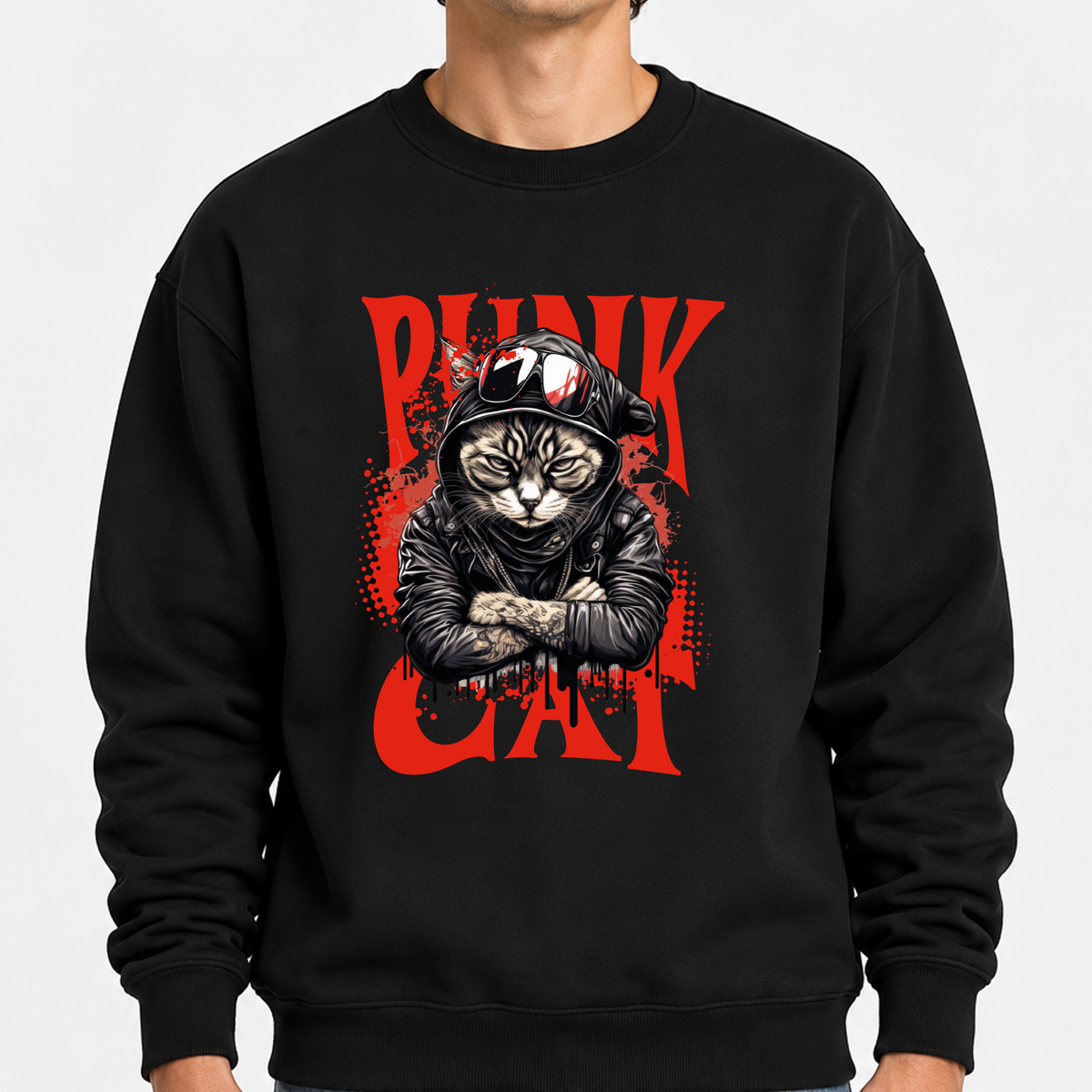 TOBU Unisex / Regular Şardonlu Sweatshirt / Punk Cat